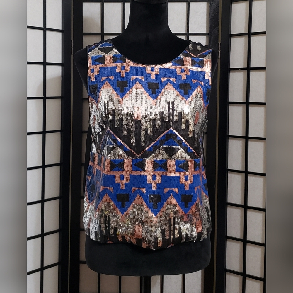 Lush Geometric Sequin Sleeveless Top Size Large